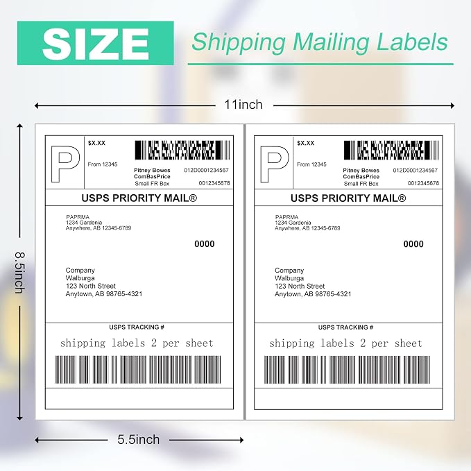 Half Sheet 8.5x5.5inch Shipping Mailing Label 200 Counts, 2 Labels Per Sheet 8.5 x 11 for Laser & Inkjet Printer, Permanent Adhesive Label Square Corner (100 Sheets)