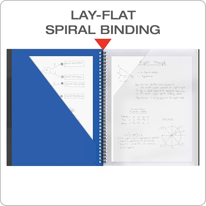 Oxford 10 Pocket Folder, Plastic Spiral Portfolio, for School and Office, Multi-Pocket Organizer, Anti-Tear Edges, 8 Clear Pockets, 2 Diagonal Interior Pockets, Letter Size, Blue (89331)