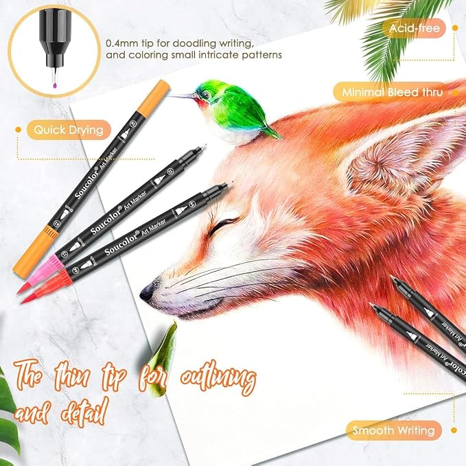 Soucolor 36 Dual Tip Brush Markers, Water-Based Art Pens, Adult Coloring | 36 Color Dual Tip Markers with Brush & Fine Point for Adult Coloring Books, Hand Lettering, Journaling & Art Projects