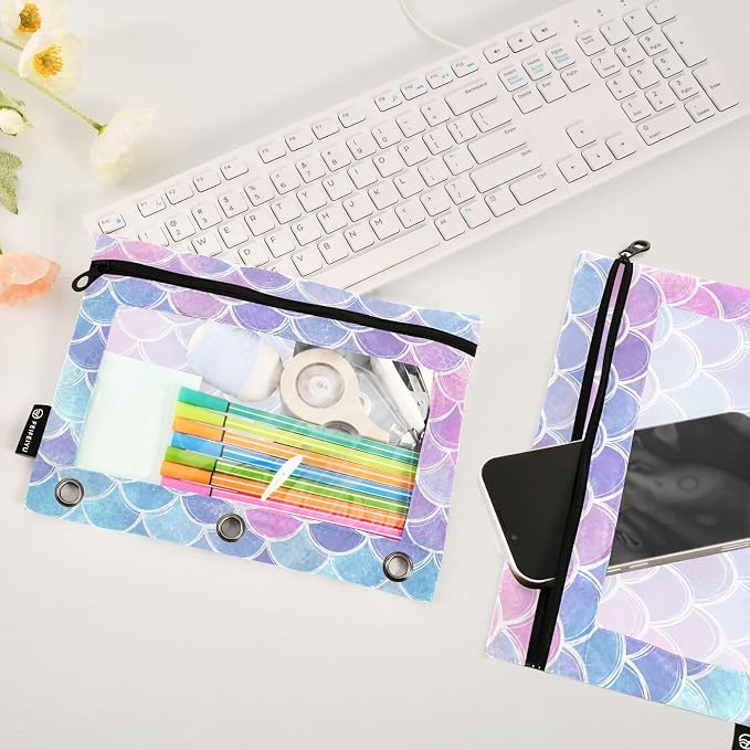 Gredecor Binder Pencil Pouch 3 Ring Magic Pink-Blue Mermaid Scales Zipper Pencil Pouches Case 2 Pack Clear Binder Organizer for School Office