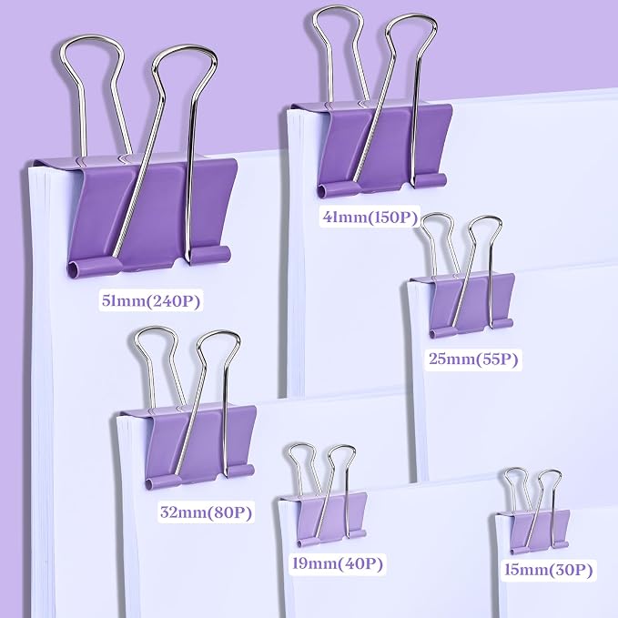 Temiary Aesthetic Binder Clips, Medium Metal Binder Clip with Clear Storage Container, Binding Paperwork Clamps for School Teachers Office Supplies (Purple 1.26 Inch, 24P)