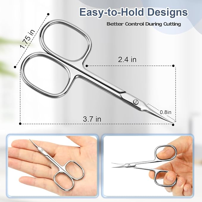 Cuticle Scissors, Curved Fine Tip, Men Women, Silver | Fine curved scissors for eyebrow, eyelash, cuticle and nail grooming. Small precision for manicure pedicure. Men women.