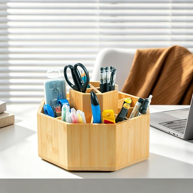 VaeFae 360° Rotating Bamboo Pen Holder Desk Art Supply Organizer | 9-12 Slots, Removable Divider, Octagonal Frame, Polished Surface, Space-Saving for Pens, Markers, Brushes & Beauty Supplies