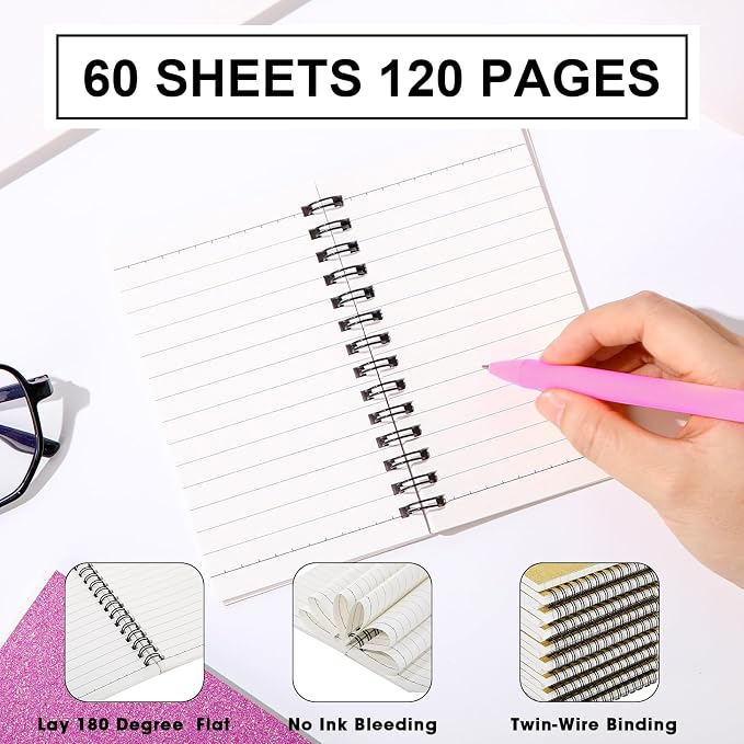 Jutom 18 Pcs Small Spiral Notebooks Memo Pads 3x5 Bulk Small Pocket Notepads Back to School Supplies Mini Notebook with Lined Mini Journals for Office & Work, 120 Pages (Glitter Pink)