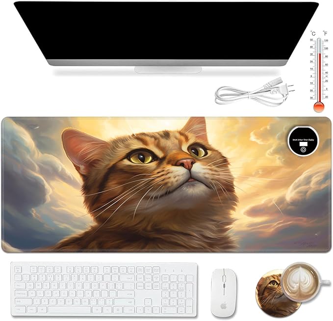 Warm Desk Pad,Heated Desk Pad,Office Mat,3 Heating Levels & 3 Hours Auto Shut-Off,31.5"*13" Gaming Mouse Laptop Keyboard Leather Desk Mat,Orange Cat Sky