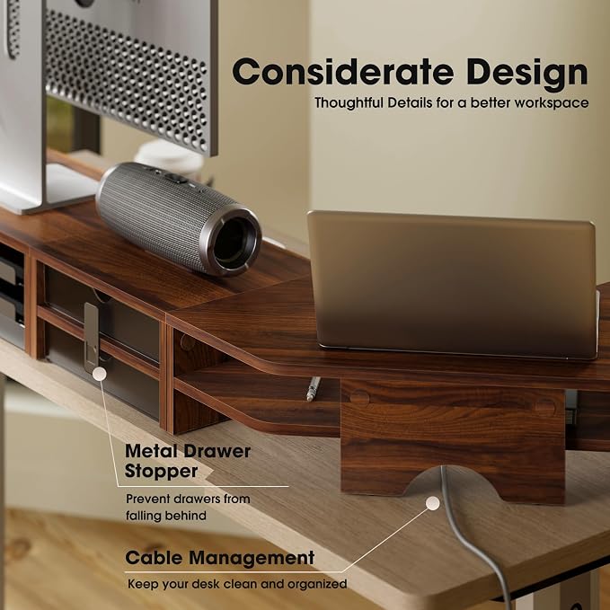 Fenge Dual Monitor Stand, Corner Desk Shelf with Drawer & Slide-Out Tray | Modular Design for Flexible Layouts, 2-Tier Storage Desktop Organizer for Computer, Laptop, Printer and Telephone