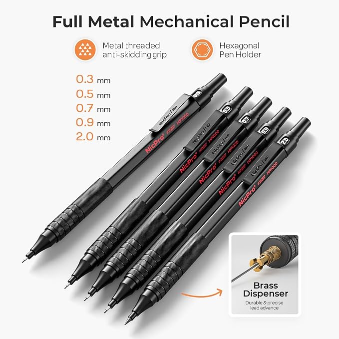 Nicpro Black Art 5PCS Mechanical Pencil Set, Metal Drawing With Lead Eraser | Pencils 0.3, 0.5, 0.7, 0.9 mm & 2mm Graphite Holder For Sketching Drafting With 9 Tubes (4B 2B HB 2H Colors) Refills Case