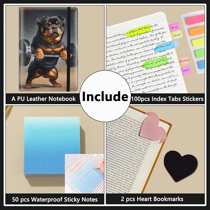 A5 Leather Lined Journal Notebook, 200 Pages Hardcover Executive Notebook for Office School Note Taking, Thick Writing Paper Daily Journal with Bookmarks/Indexes, Animal Dog Weightlifting