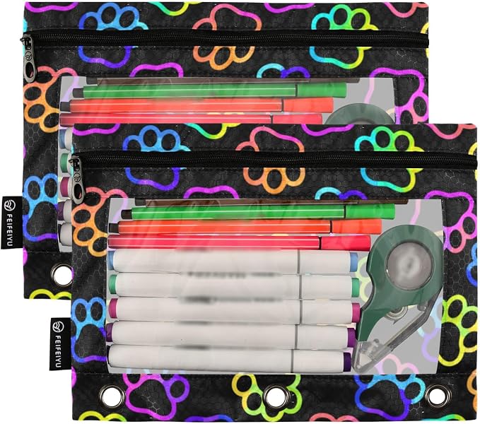 Paw Pencil Pouches for 3 Ring Binder 2 Pack | Binder Pencil Case With Zipper Reinforced GrommetsPencil Bags for Office Organizers