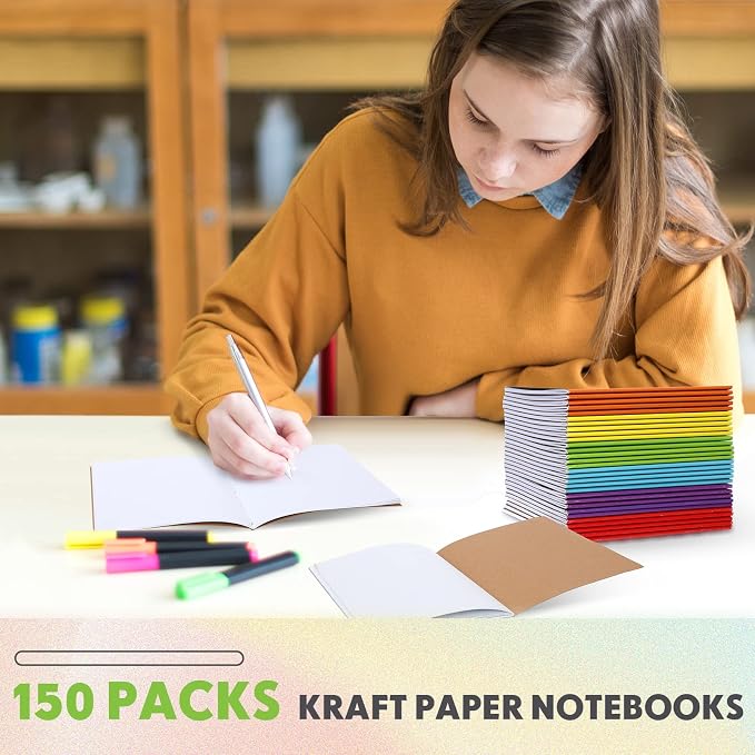 150 Pack A6 Kraft Paper Notebooks Blank Page Mini Notebooks Bulk Sewn Travel Journal Kraft Pocket Memo Pad Unlined Subject Notepads for Travelers Students Classroom School Supplies(Multicolor)