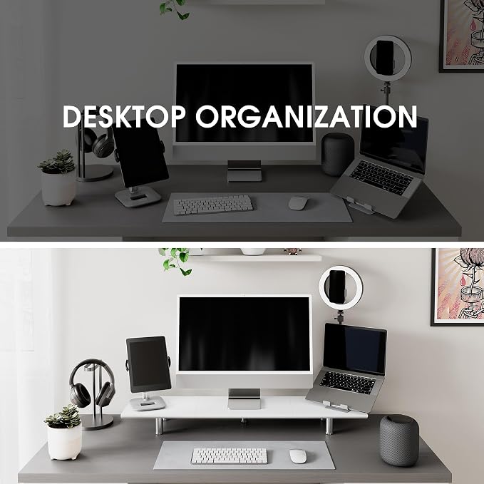 Fenge 39.4” Dual Monitor Stand with Height Adjustable Legs, White | Wooden & Steel, Ergonomic Height 3.6" to 4.4", Underneath Storage, Holds up to 99lbs, Laptop Monitor Stand for Home Office