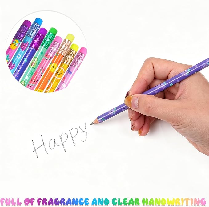 Rbenxia 48PCS Wooden Pencils with Erasers Assortment Colorful Novelty Pencils Awards Incentives Supplies Giveaways Party Favor (Fruit Elements)