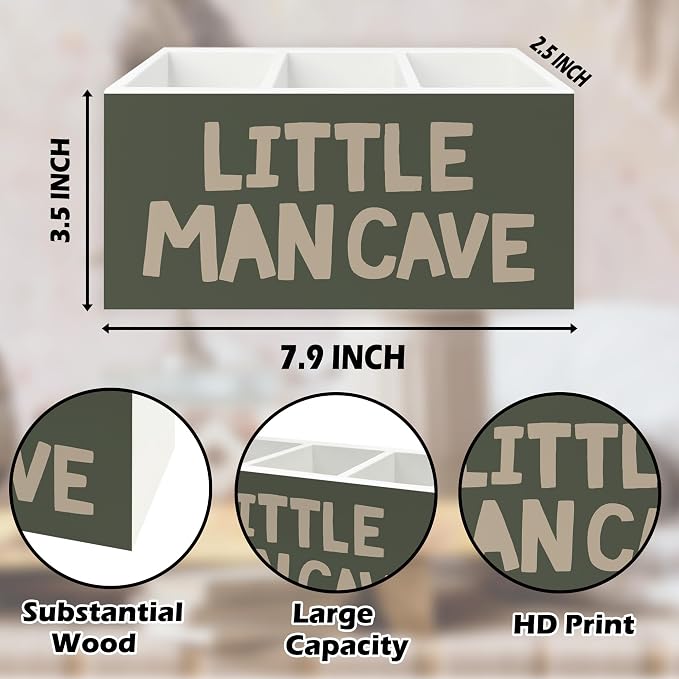Boy Nursery Green Pen Pencil Holder Organizer for Desk, Little Man Cave Wooden Box Signs Decorations for Kids Room Bedroom Playroom Classroom Desk Tabletop, Boy Room Decor