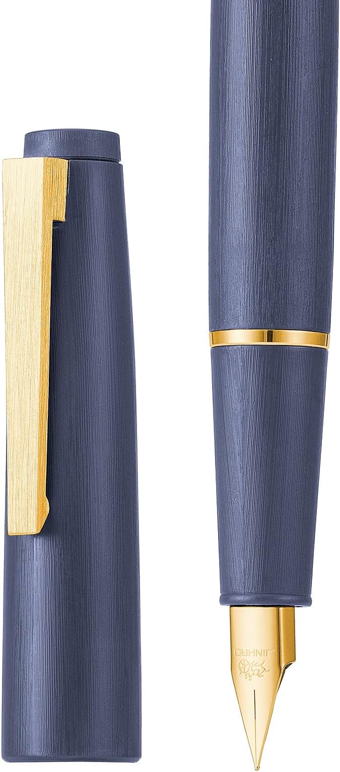 Jinhao 80 Denim Blue Fiber Brushed Fountain Pen, Iridium Extra Fine Gold Nib with Ink Converter, Classic Design Smooth Writing Pen (Gold Clip)