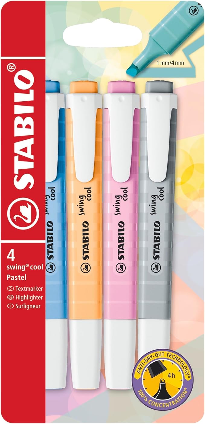 STABILO - swing cool Pastel - Highlighter - Pack of 4 - Dusty Grey, Frozen Fuchsia, Breezy Blue, Pale Orange | Pack of 4 - Dusty Grey, Frozen Fuchsia, Breezy Blue, Pale Orange