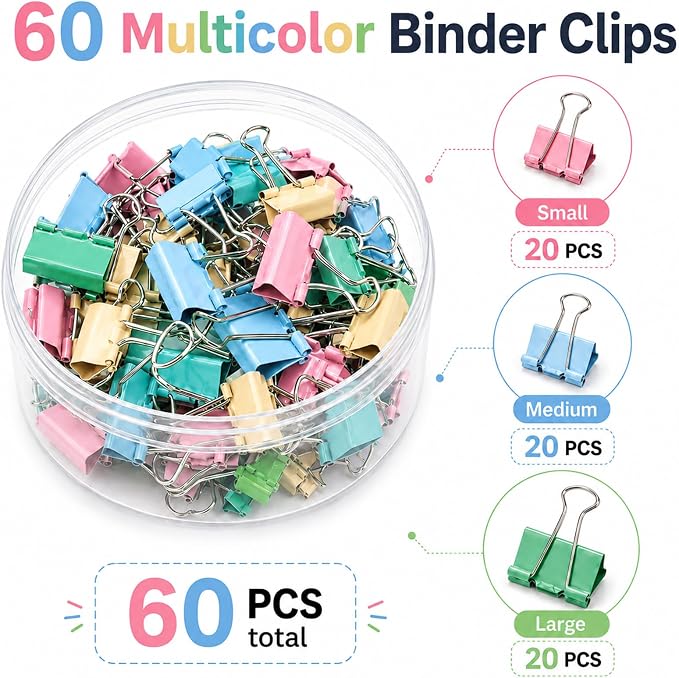 Binder Clips Assorted Sizes, Durable Metal Binder Clips for Office, Cute Desk Supplies for Teachers Student (60, Colorful)
