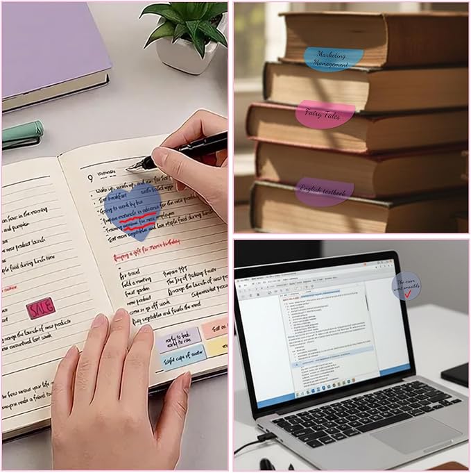 640 Sheets Cute Round Clear Sticky Tabs Transparent Sticky Notes Waterproof Clear Note Pads Bright Color Heart Strong Adhesive Post Book Markers Page Flags Stickers for Office School