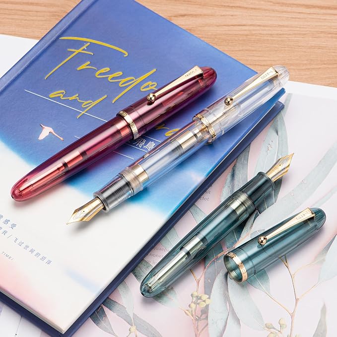 Jinhao 9019 DaDao Series Fountain Pen, Size 8 Fine Nib with Refillable Large Ink Converter, Transparent Clear Acrylic Design Smooth Writing Pen (Gold Trim)