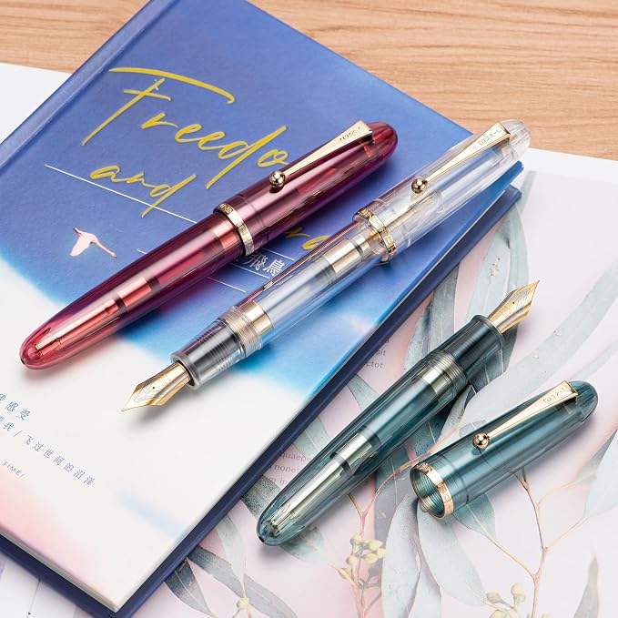 Jinhao 9019 DaDao Series Fountain Pen, Size 8 Medium Nib with Large Ink Converter, Transparent Wine Red Acrylic Design Smooth Writing Pen (Gold Trim)