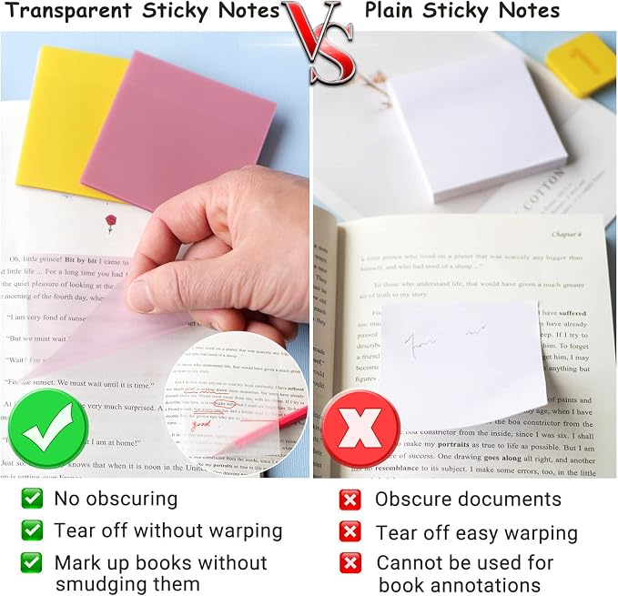 ENLUOM 400 Sheets Colored Transparent Sticky Notes - 3 x 3 in Translucent Sticky Notes, Pastel Clear Waterproof See Through Self-Sticky Note, Aesthetic Bible Journaling Sticky Notes (8 Pads)