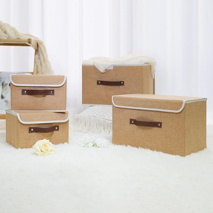 ANMINY Storage Bin with Lid Storage Boxes with PU Leather Handles PP Plastic Board Decorative Foldable Lidded Cotton Linen Fabric Home Cubes Baskets Closet Organizer Container - Khaki, Medium