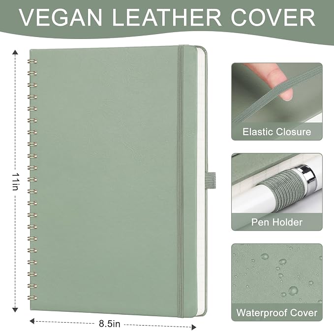 AHGXG Lined Spiral Journal Notebook, 110 Pages, A4 (8.5" x 11") | Journals for Women, Hardcover Leather Notebook College Ruled, 100 GSM Paper, for Work School Note Taking (Sage Green)