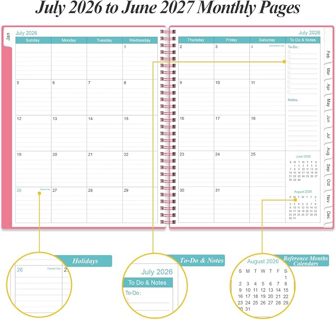 2026-2027 Daily & Monthly Planner - One Page Per Day, Daily Planner from July 2026 - June 2027, Planner 2026-2027 with 12 Monthly Tabs, 8.5" x 11", Pink