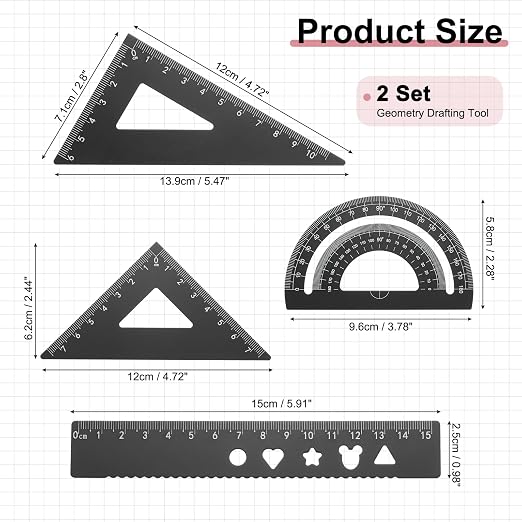 PATIKIL 8 Pcs Geometry Drafting Tool, Aluminum Alloy Geometry Kit Math Tool Includes 15cm L Ruler Protractor Triangles for Drafting Angle Measure Simple Science Experiment, Black
