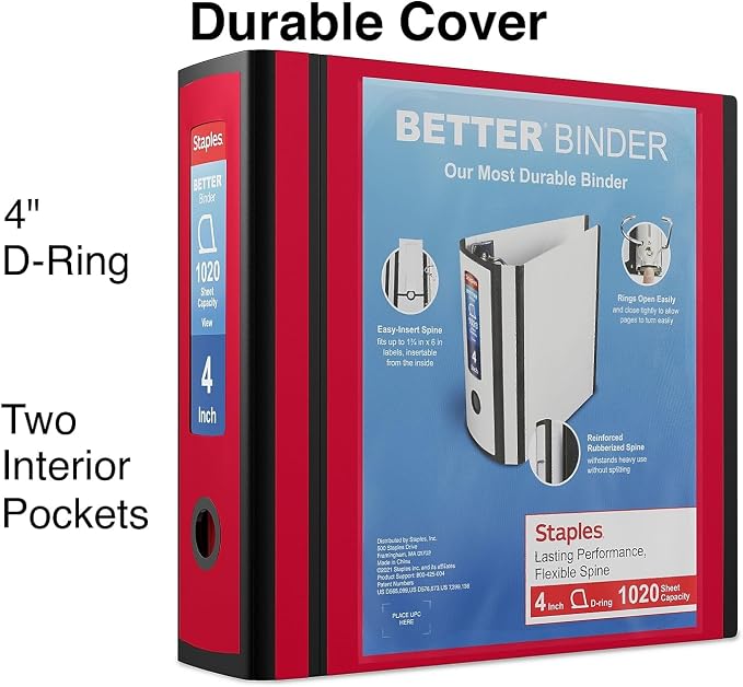 Staples Better Binder, 4" Heavy‑Duty D‑Ring 3‑Ring Binder, Red, Reinforced Spine, 800‑Sheet Capacity, Durable Filing & Organization Binder for School & Office, 2‑Pack