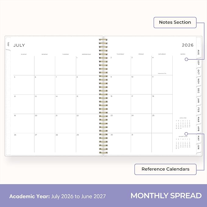 Blue Sky 2026-2027 Weekly & Monthly Academic Planner, 8.5"x11", Color Smoke | July 2026 - June 2027, Flexible Cover, Wirebound, Laminated Tabs, Storage Pocket, Stickers, Ashley G