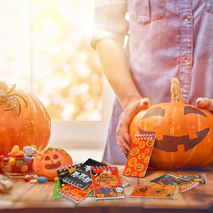 48 Pieces Halloween Mini Notepads Mini Spiral Notebooks Pumpkin Pattern Notebooks Halloween Memo Pad Notebooks for Halloween Party Home School Supplies, 12 Styles (Quantity of Each Style is Random)