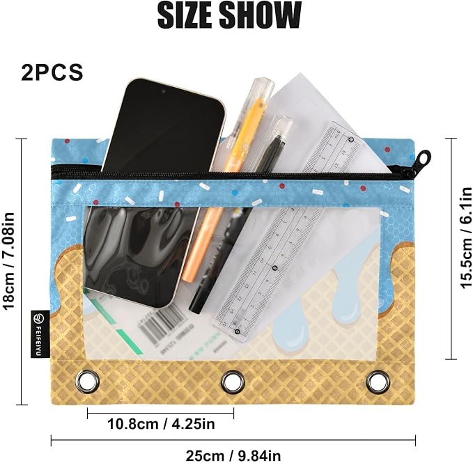 ALAZA Blue Ice Cream Pencil Pouch for 3 Ring Binder 2 Pack Zipper Binder Pencil Bag Case with Clear Window Office Supplies