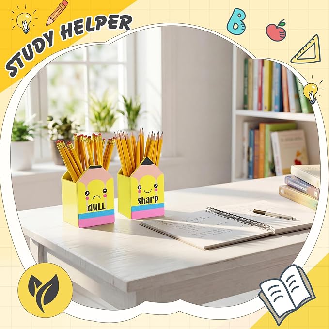 DoubleFill 2 Pcs Yellow Pencil Shaped Holder Sharp Dull Holder Wooden Dispenser Pen Storage with Classic Pencil Shaped Design for Back to School Teachers Classroom Organization Accessories