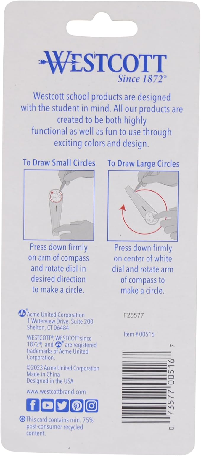 Westcott 00516 Safety Compass for Geometry, Drafting, Classrooms, Crafters and Artists, Shatterproof, Translucent Drawing Compass Creates Perfect Circles from 1/4-Inch to 10 Inches