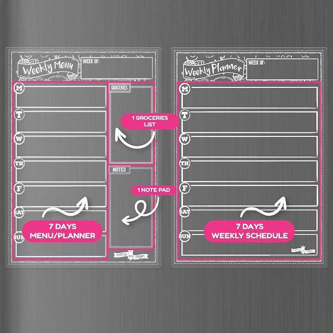 CHALKY CROWN Acrylic Magnetic Weekly Planner for Fridge Plus Menu Board for Kitchen with 8 Magnetic Markers - Dry Erase Board for Fridge - Weekly Meal Planner (2 Boards, 14.5x10.2 Each)