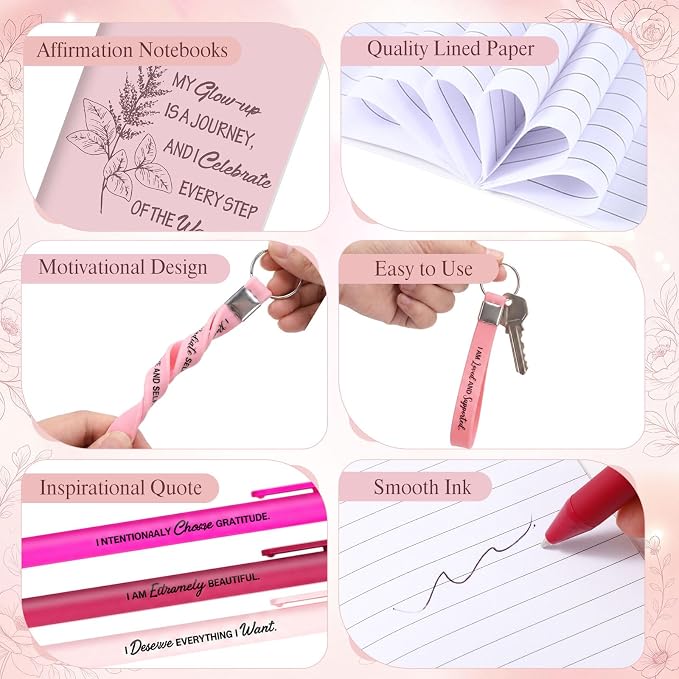 Mooliwe 12 Set Positive Affirmation Gift Set Gratitude Notebooks with Pens Keychains Small Bags Motivational Party Favors for Adult Women Coworkers Employee Group (Pink)