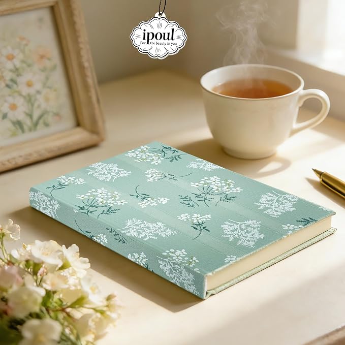 Floral Hardcover Notebook, Flower Journal for women, A5, 200 Pages, 6x8 Medium Lined Notebook, Floret Printed Fabric Cloth, Similar Embroidered Linen, Garden Journal, Green.
