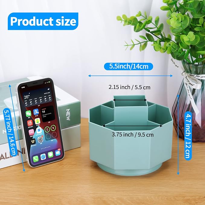 LETURE Desk Organizer, 360-Degree Rotating Pen Pencil Holder, 5 Compartments Desktop Stationary Organizer, Home Office Art Supply Storage Box Caddy (BLUE)