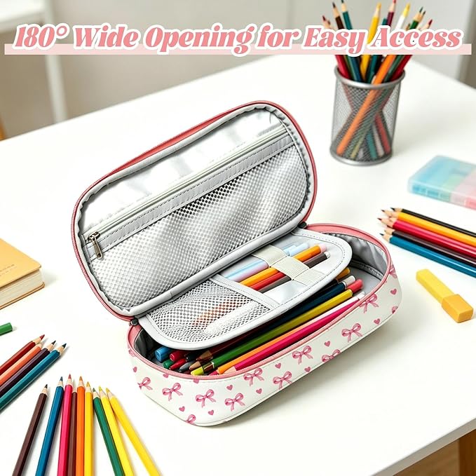 Pink Bow Pencil Case for Girls, Large Capacity Cute Kids Pencil Box with Zipper Compartments, Portable Pen Pouch Bag for Office School Travel
