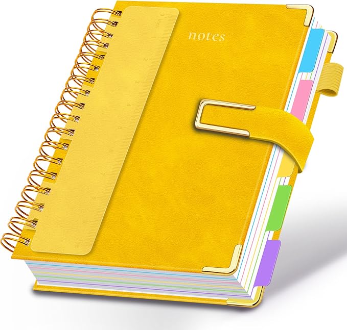 Hardcover Spiral Notebook College Ruled, 8.5"x11" Leather Journal Notebook with Magnetic Closure, 300 Pages 5 Subject Notebook with Dividers Tabs Journal for Women Men, Work, School(Yellow)