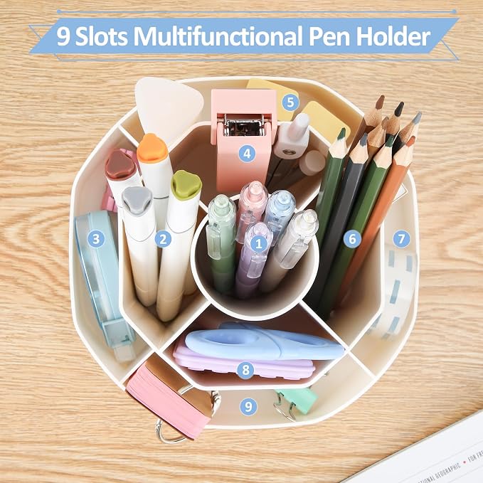 Zevemomo Pen Holder for Desk, 360 Degree Rotating Pencil Desk Organizer, Pen Organizer with 9 Slots, Large Capacity Pen Holder, Desktop Storage Stationery Supplies Organizer, Beige