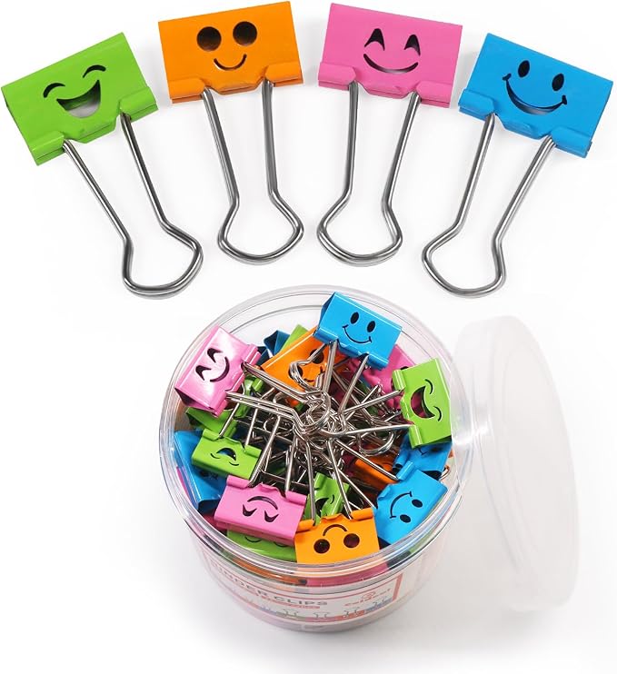 Coideal Cute Smiley Face Binder Clips, 48 Pack 1 Inch Medium Metal Paper Clamps, Assorted Colors Hollow Design for Office School Home Organization (25mm)