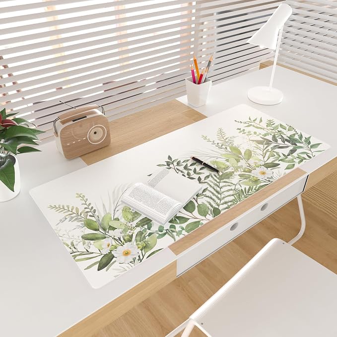 Colorful Star Green Leaves Waterproof Office Desk Mat, 31.5" x 15.7" | Non-Slip Large Computer Gaming Mouse Pad, XXL PC Laptop Protector Pads, PU Leather Desk Writing Pads for Office Home