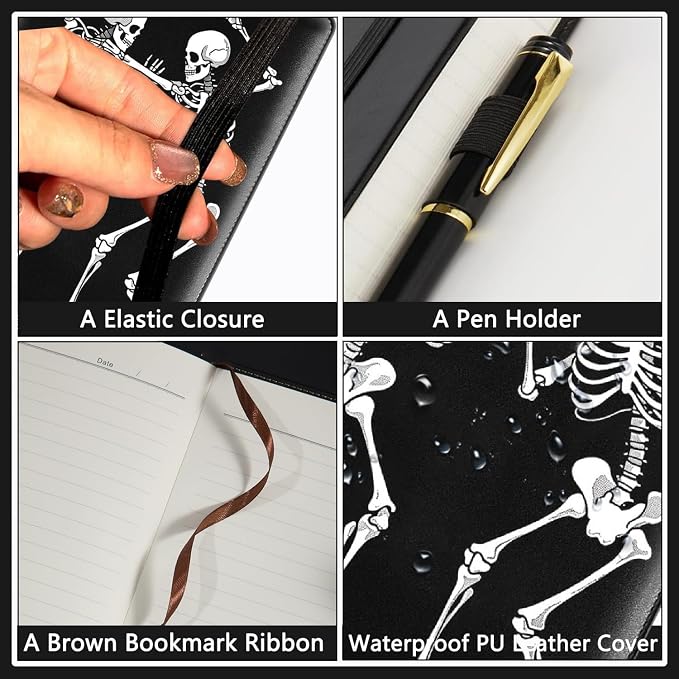 A5 Leather Lined Journal Notebook, 200 Pages Hardcover Executive Notebook for Office Note Taking,Thick Writing Paper Daily Journal with Bookmarks/Indexes,Day of The Dead Halloween Skeleton Dancing