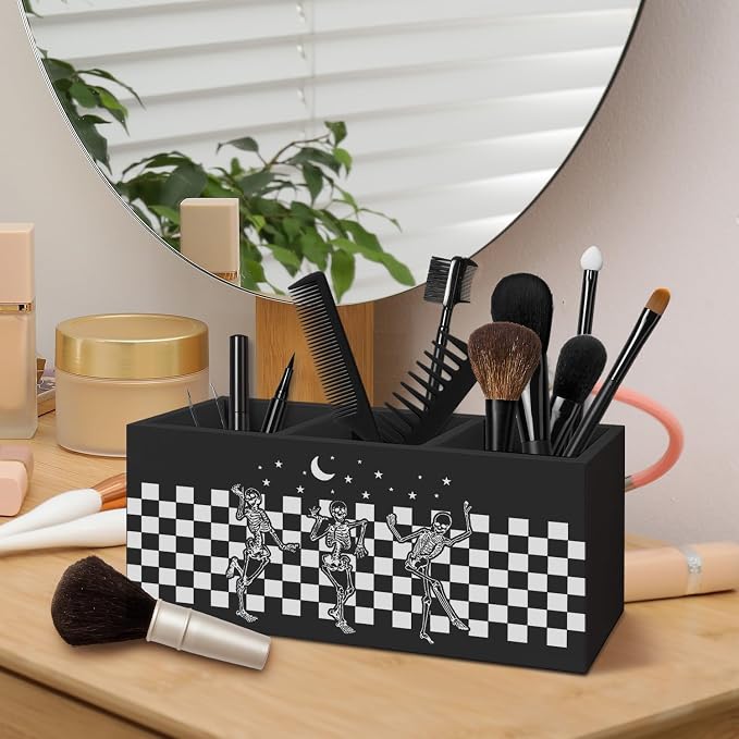 Gothic Skeleton Wooden Pen Pencil Holder for Desk Accessories, Witchy Gothic Desk Decor, Funny Skeleton Dancing Checkered Wood Makeup Brush Toothbrush Holder Organizer for Vanity Bathroom