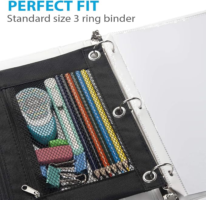 Sooez Pencil Pouch for 3 Ring Binder, 2 Pack Fabric Binder Pouch with 2 Pockets, Pencil Bags with Zipper and Reinforced Grommets, Pencil Cases for Binder