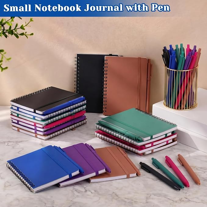 Fulmoon 12 Set Small Spiral Notebooks A6 with Pens Bulk, Multicolor 4" x 6" Pocket Notebooks Mini Lined Journals 50 Sheets for Back to School Supplies Students Rewards Office Gifts (Deep Tones)