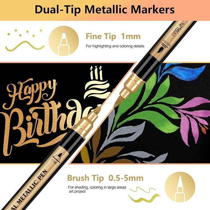 12 Colors Dual Tip Metallic Acrylic Paint Marker pens with Brush & Fine | Paint Marker for Black Paper, Scrapbooking, Photo Album, Rock, Wood, Card Making, DIY Arts & Crafts, Scrapbook Supplies