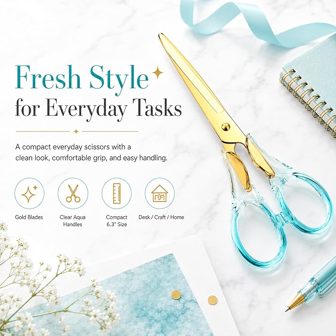 Aesthetic Blue Transparent Acrylic Scissors, 6.3" Craft Shears with Gold Sharp Stainless Steel Blades for Home Office & School, Cute Stationery Tools for Scrapbooking & Gift Wrapping