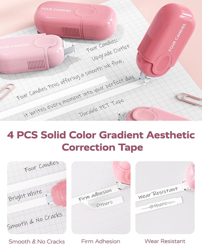 Four Candies Cute Aesthetic Pink School Supplies Kit for Girls | College Supplies and Nursing Essentials Pens, Highlighters, Mechanical Pencils, Sticky Notes for Students, Journaling